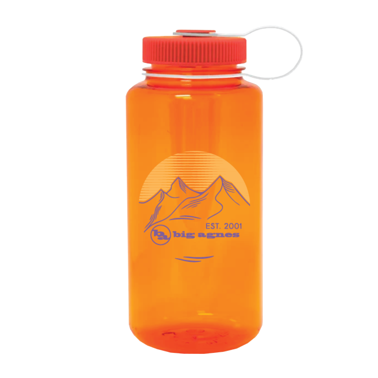 Orange water bottle with a logo and text on a white background