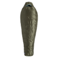 The Big Agnes Returns Anthracite 20° is a lightweight, olive green mummy-style sleeping bag with a hood, ideal for outdoor camping and cold weather, shown against a plain white background.
