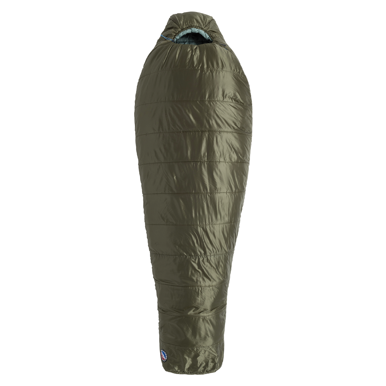The Big Agnes Returns Anthracite 20° is a lightweight, olive green mummy-style sleeping bag with a hood, ideal for outdoor camping and cold weather, shown against a plain white background.
