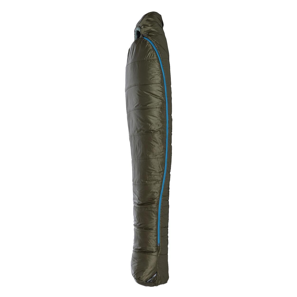 The Big Agnes Returns Anthracite 20°, a dark green mummy-style sleeping bag with recycled synthetic insulation and a blue zipper, stands upright on a plain white background.