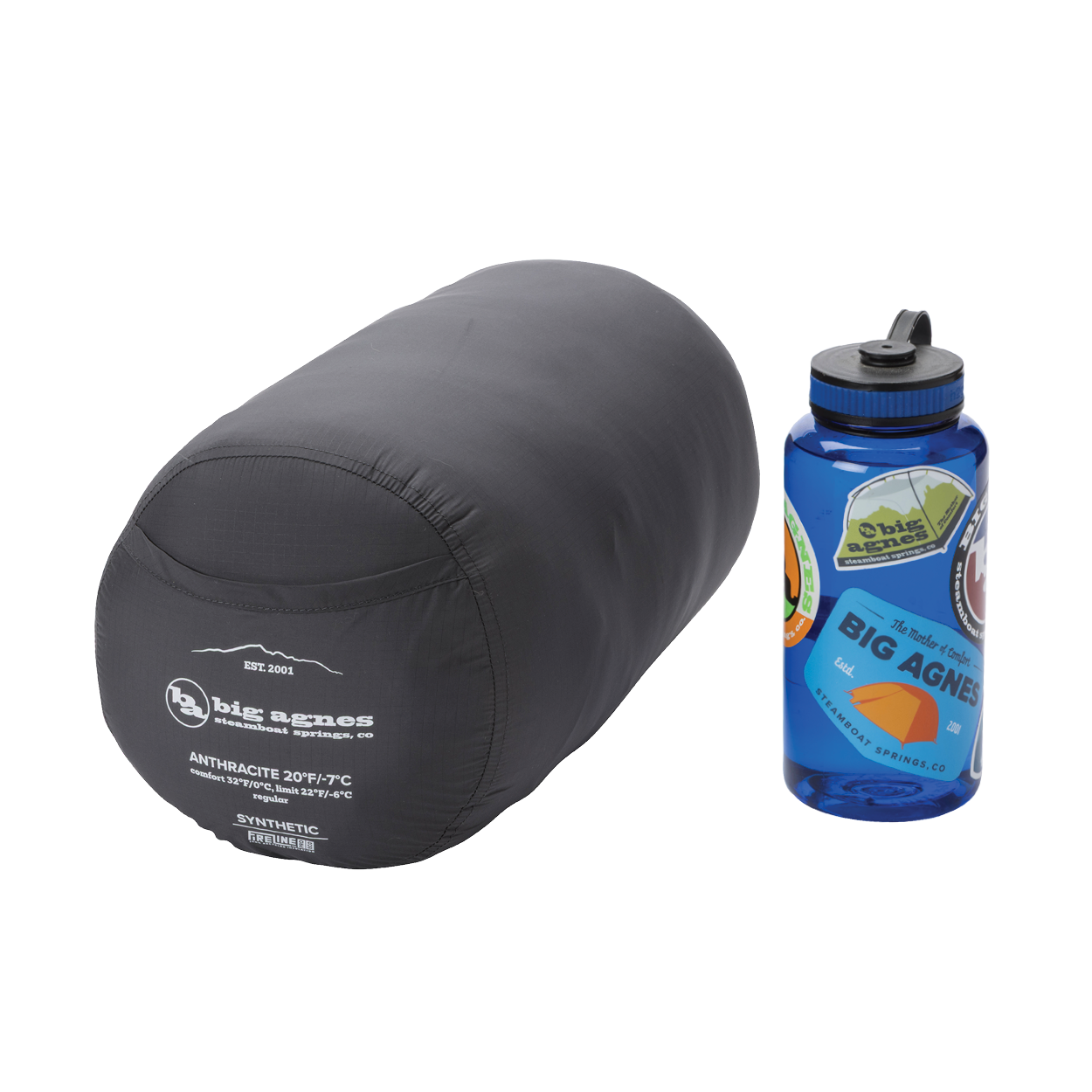 A Big Agnes Returns Anthracite 20° gray mummy sleeping bag in its compression sack sits beside a blue sticker-covered reusable water bottle, both on a white background.