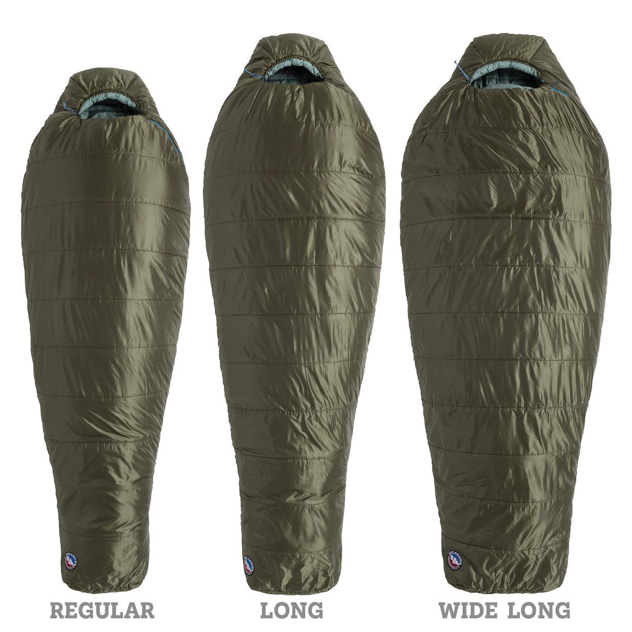 Three olive green Big Agnes Returns Anthracite 20° mummy-style sleeping bags—Regular, Long, and Wide Long—are displayed side by side on a white background, showing their length and width differences; each uses recycled synthetic insulation for lightweight backpacking.