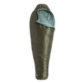 The Big Agnes Returns Anthracite 20° is a green, mummy-style sleeping bag with recycled synthetic insulation and a light blue interior, shown upright and partially unzipped against a plain white background.