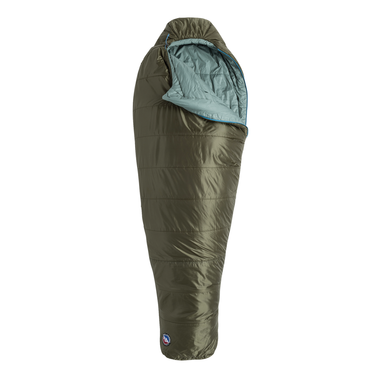 The Big Agnes Returns Anthracite 20° is a green, mummy-style sleeping bag with recycled synthetic insulation and a light blue interior, shown upright and partially unzipped against a plain white background.