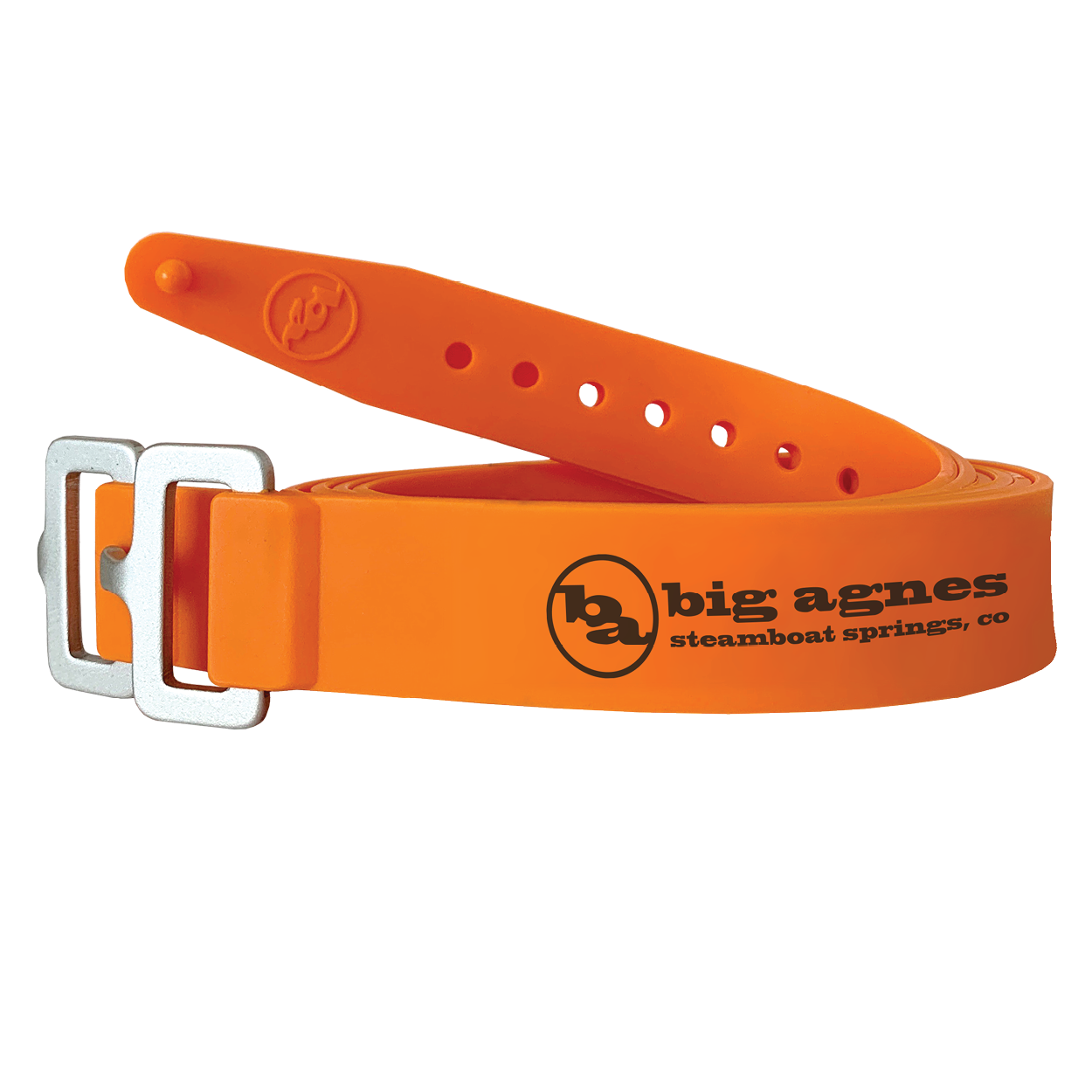 Orange belt with metal buckle and Big Agnes logo on a white background
