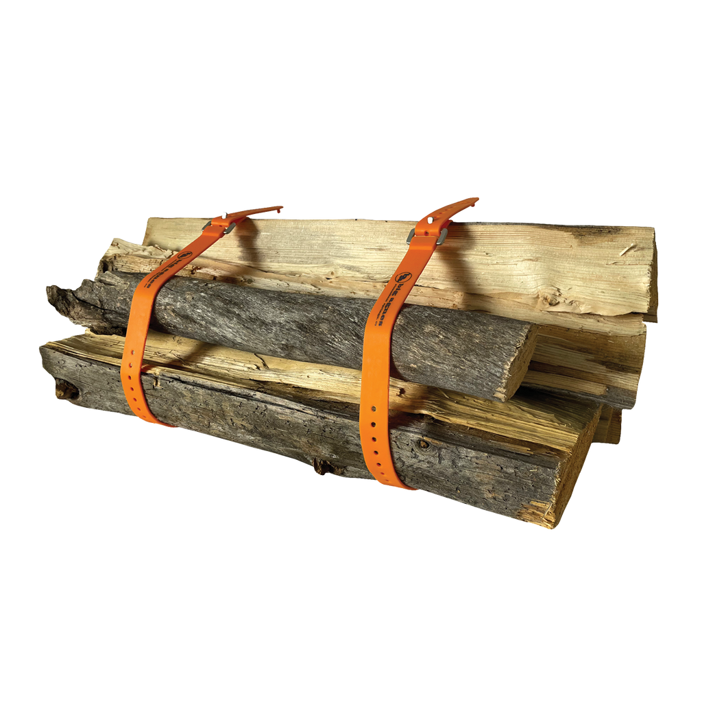Stack of firewood with orange straps on a white background