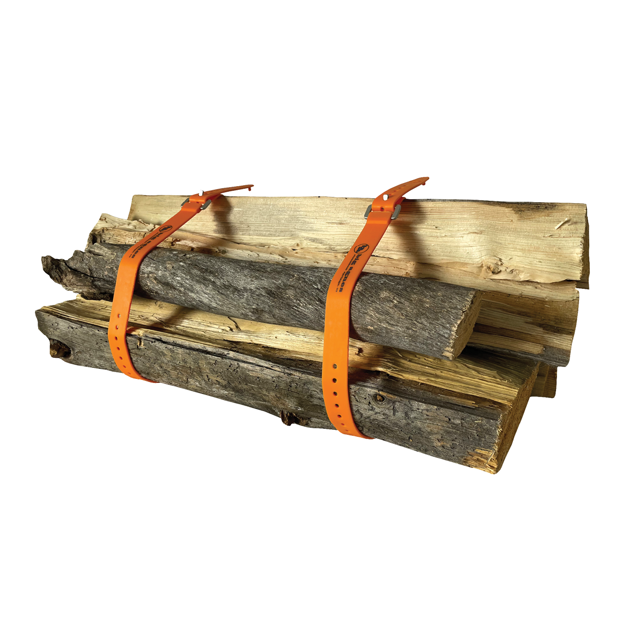 Stack of firewood with orange straps on a white background