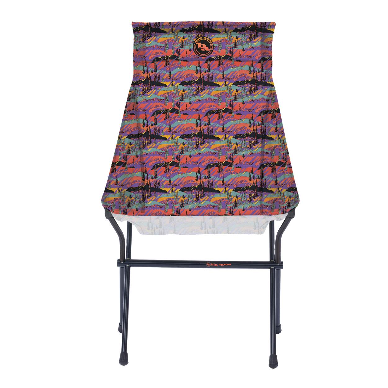 The Big Agnes Returns Big Six Camp Chair - Alpenglow is a lightweight, packable camp chair with a black metal frame and a colorful seat featuring a vibrant abstract mountain landscape in red, purple, blue, and orange.
