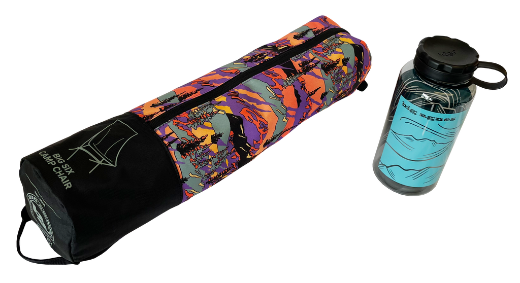 A vibrant zippered bag labeled Big Six Camp Chair - Alpenglow by Big Agnes sits beside a clear water bottle, highlighting this packable chair’s easy portability for any adventure.
