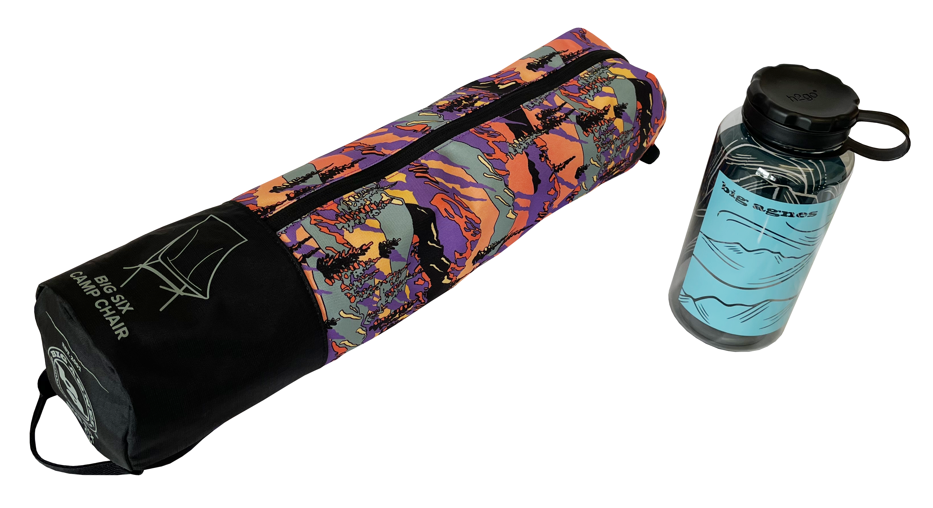 A vibrant zippered bag labeled Big Six Camp Chair - Alpenglow by Big Agnes sits beside a clear water bottle, highlighting this packable chair’s easy portability for any adventure.