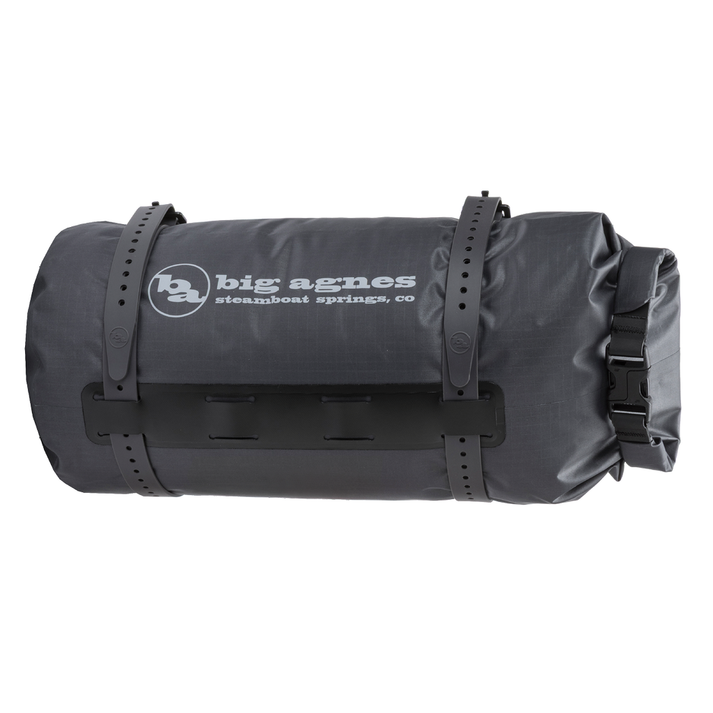 Black roll-top bag with 'big agnes' logo on a white background