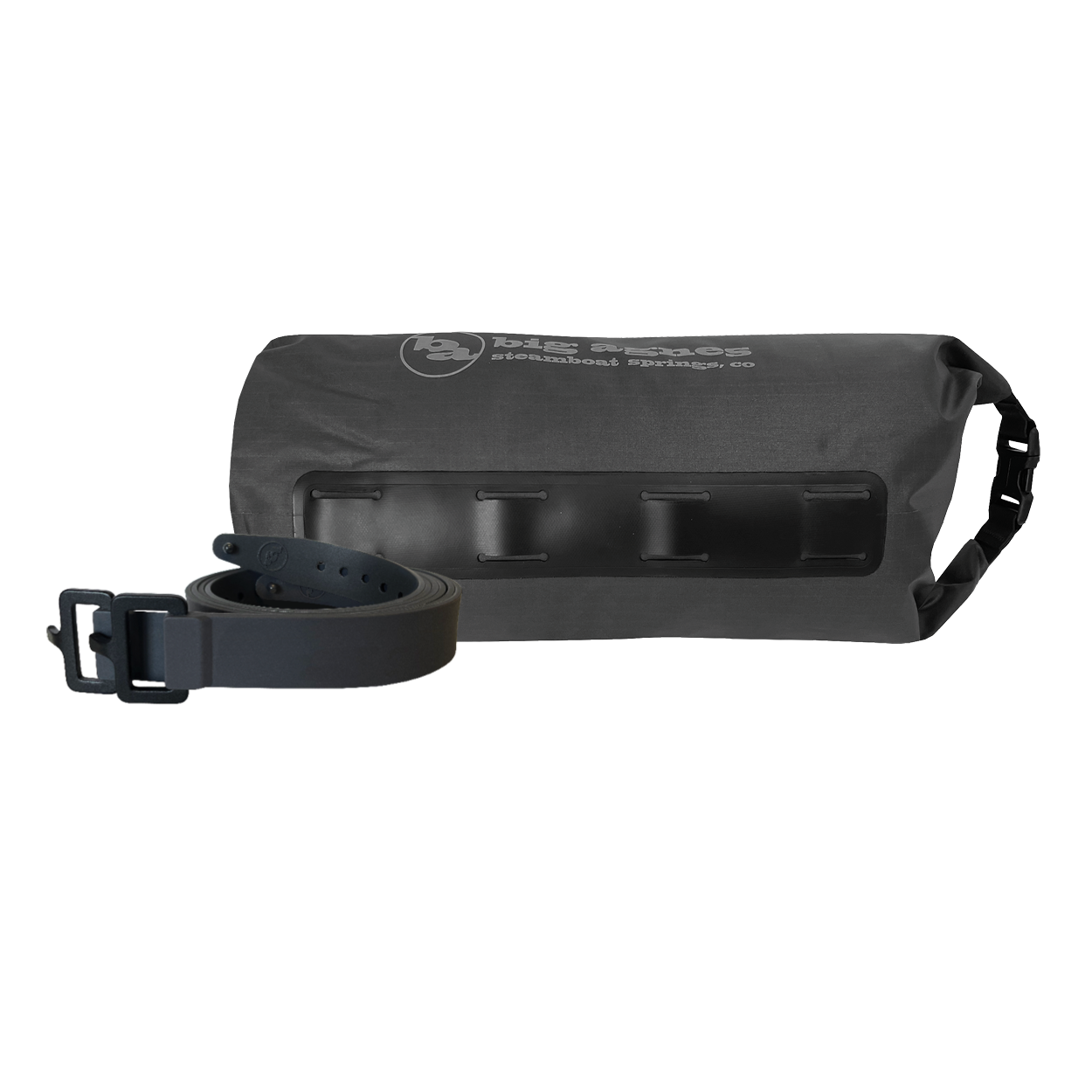 Black dry bag with strap on a white background