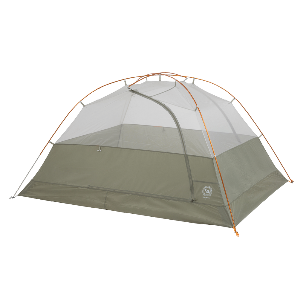 The Big Agnes Blacktail 3 - Vetiver is a lightweight backpacking tent with mesh upper walls, orange poles, and a rectangular floor in green and gray, shown set up against a plain white background.