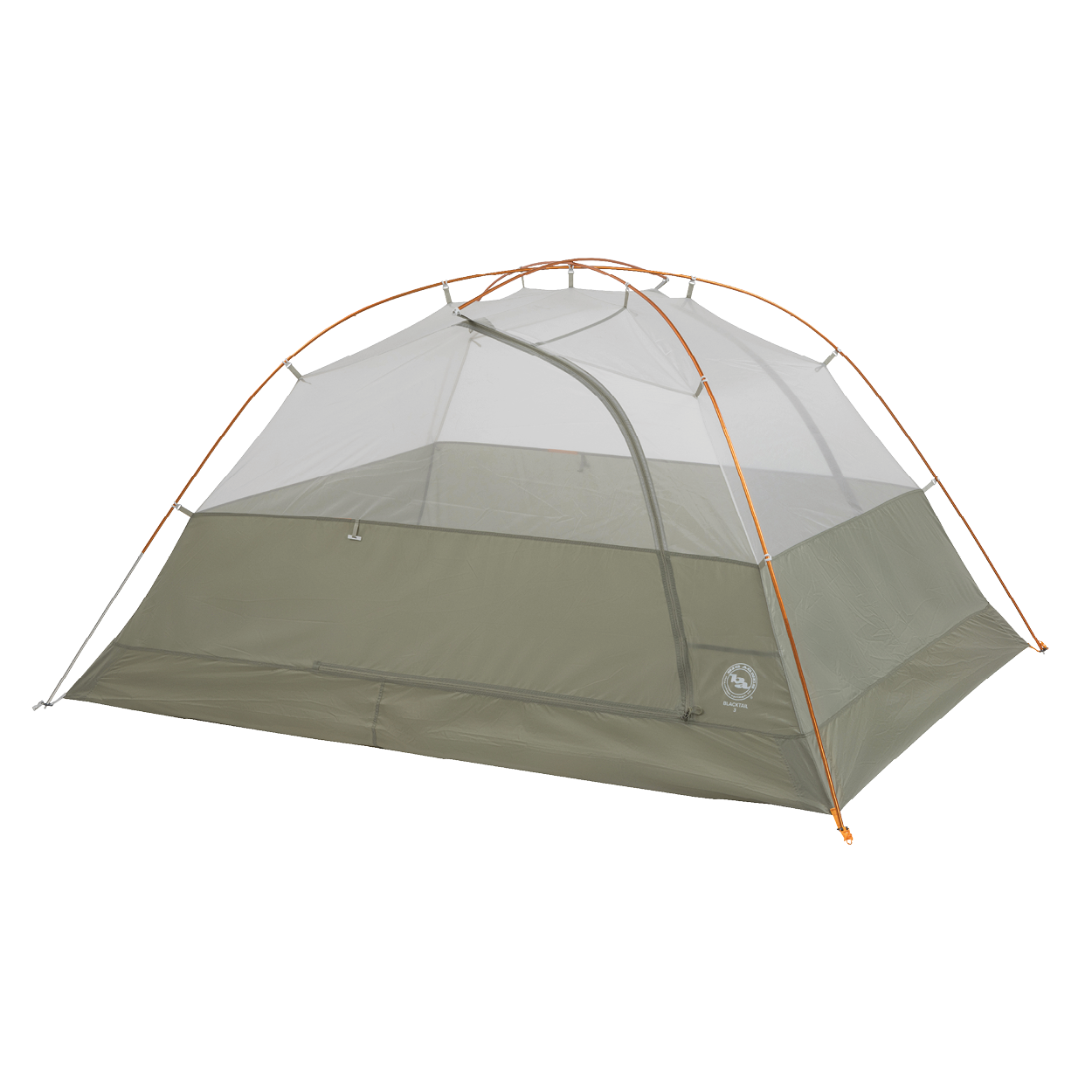 The Big Agnes Blacktail 3 - Vetiver is a lightweight backpacking tent with mesh upper walls, orange poles, and a rectangular floor in green and gray, shown set up against a plain white background.