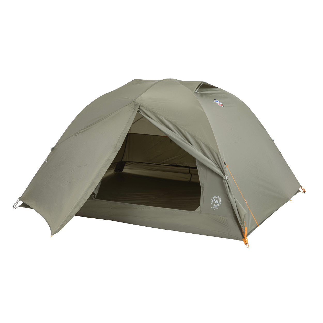The Big Agnes Blacktail 3 - Vetiver is a green, dome-shaped, lightweight backpacking tent with orange guy lines. Shown with its open entrance revealing the interior floor and mesh door, it’s set against a plain white background.