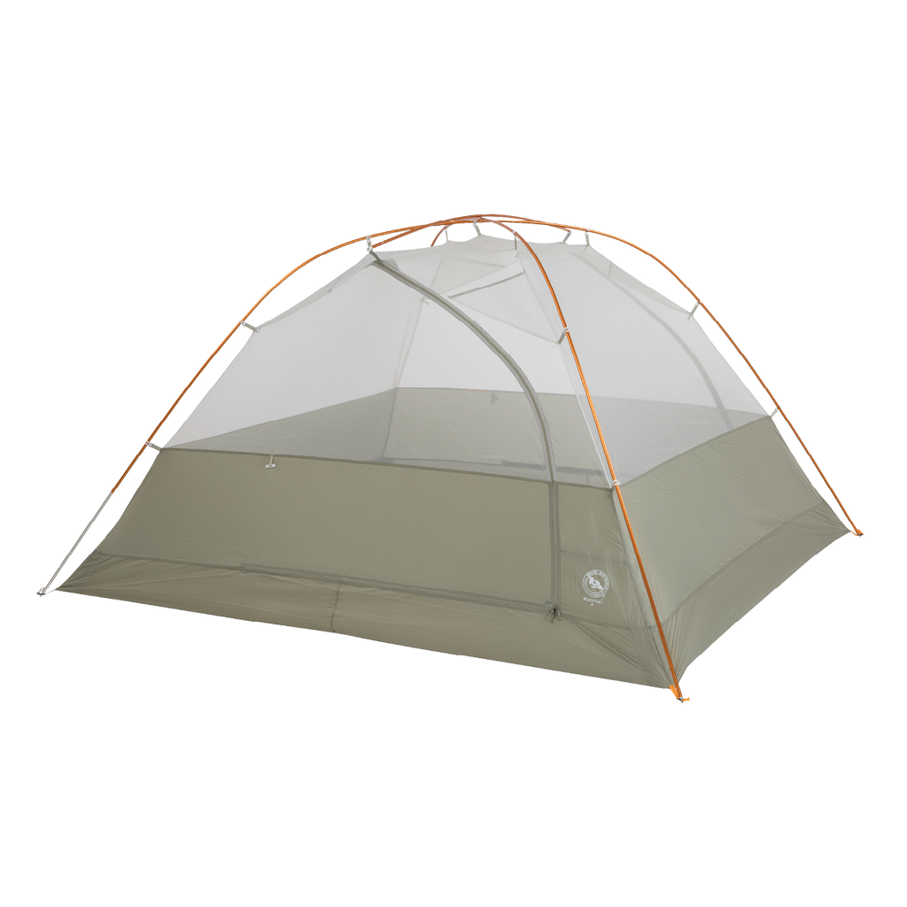 The Big Agnes Blacktail 4 - Vetiver is a lightweight backpacking tent in green and gray with a mesh upper, orange poles, and rectangular base, shown set up against a plain white background.
