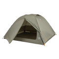 The Big Agnes Blacktail 4 - Vetiver is a green, dome-shaped lightweight backpacking tent with an open front door showing the interior, orange corner guylines, and is set up against a plain white background.