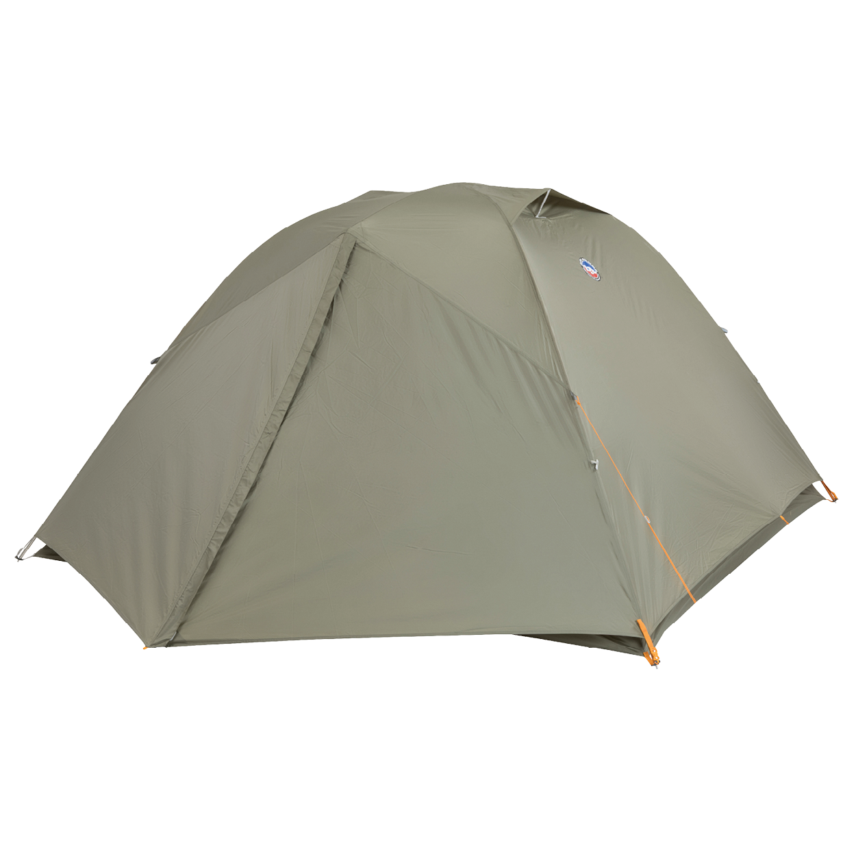 The Big Agnes Blacktail 4 - Vetiver is a green, dome-shaped camping tent with full rainfly coverage and orange accents at the corners and zippers, shown set up on a plain white background.