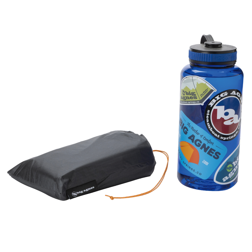 Black Copper Spur UL1 Bikepack Footprint and blue water bottle with 'Big Agnes' branding on a white background