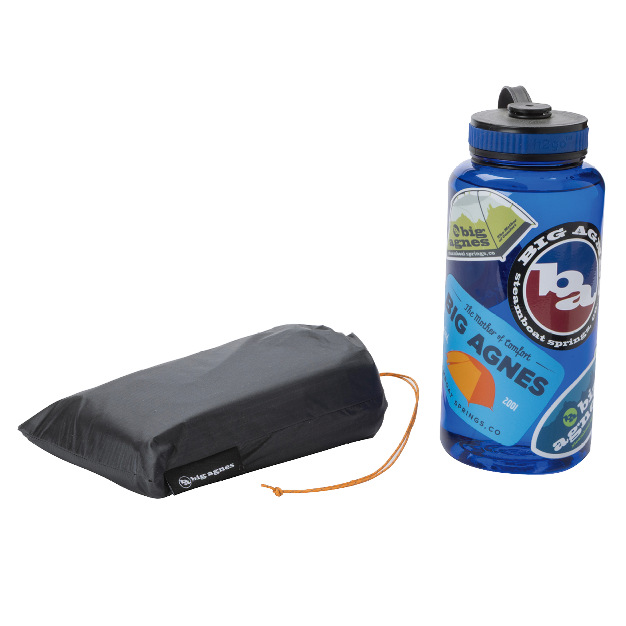 Black Copper Spur UL1 Bikepack Footprint and blue water bottle with 'Big Agnes' branding on a white background