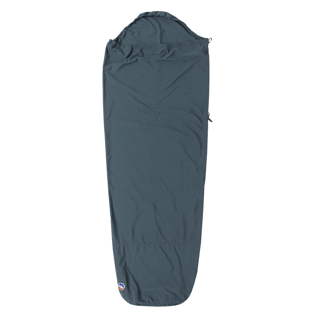 The Big Agnes Cotton Sleeping Bag Liner features a dark gray, mummy-style design with a hood, tapering toward the bottom, and a small logo near the foot—laid flat on white. Ideal for travel comfort.