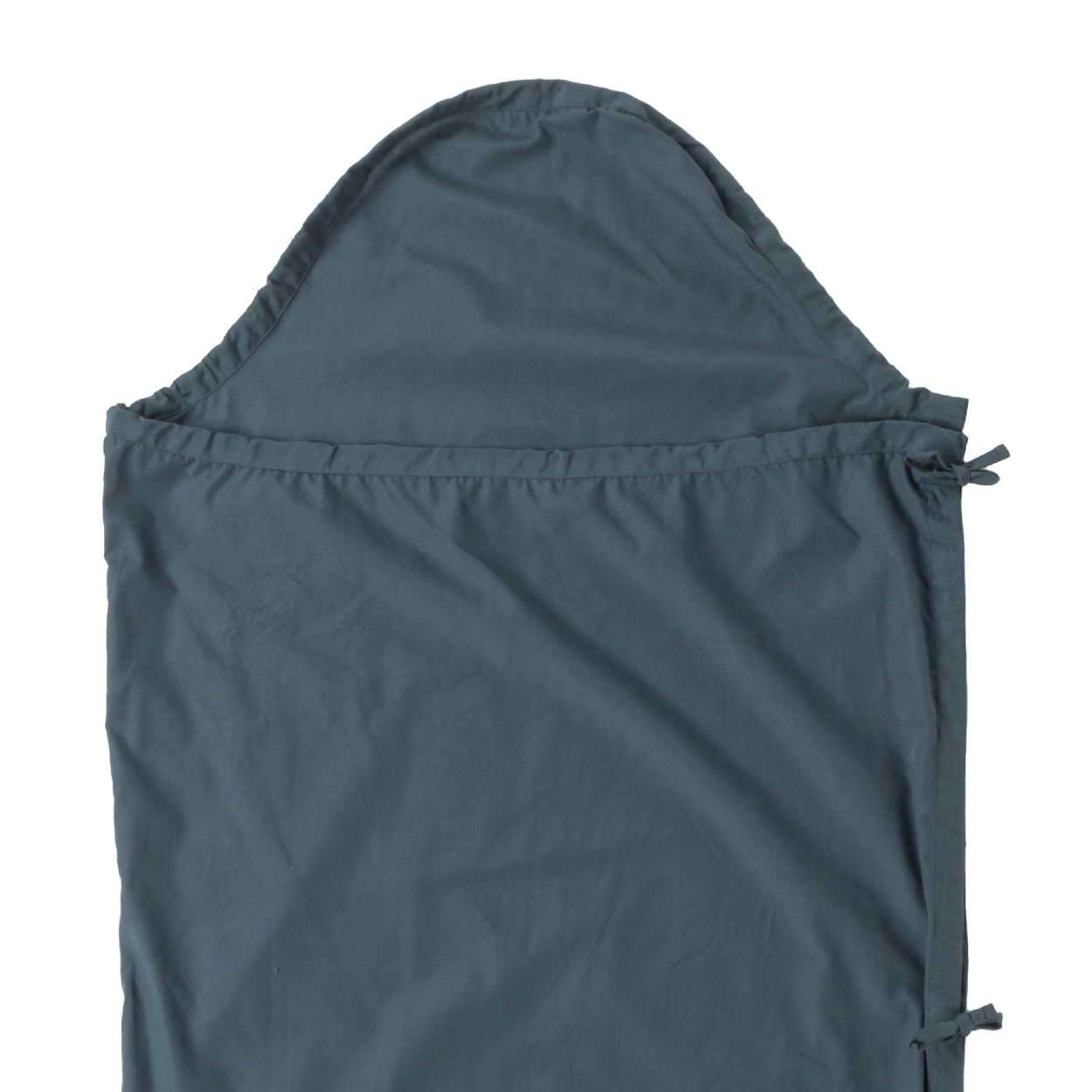 The Big Agnes Cotton Sleeping Bag Liner in dark blue features a hood, smooth texture, and side ties. Shown flat on a light background, this simple design makes it an ideal travel companion.