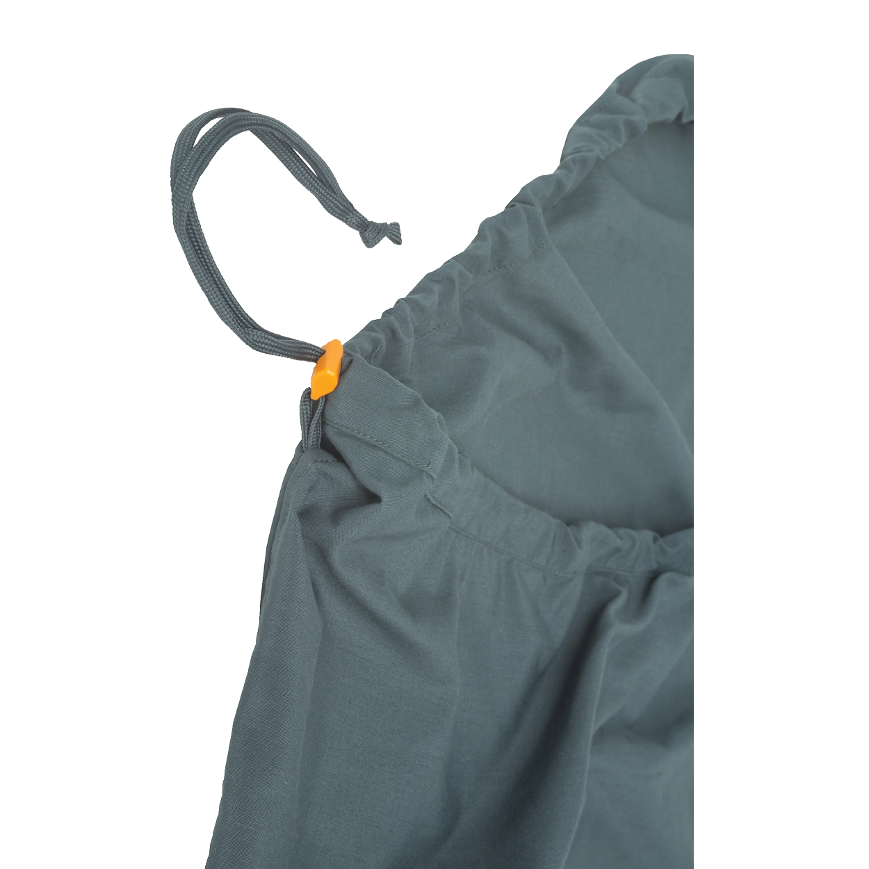 Close-up of the Big Agnes Cotton Sleeping Bag Liner—gray fabric bag with an orange plastic toggle, ideal as a travel companion or for storing your sleeping bag, with the drawstring partially pulled through its edge channel.