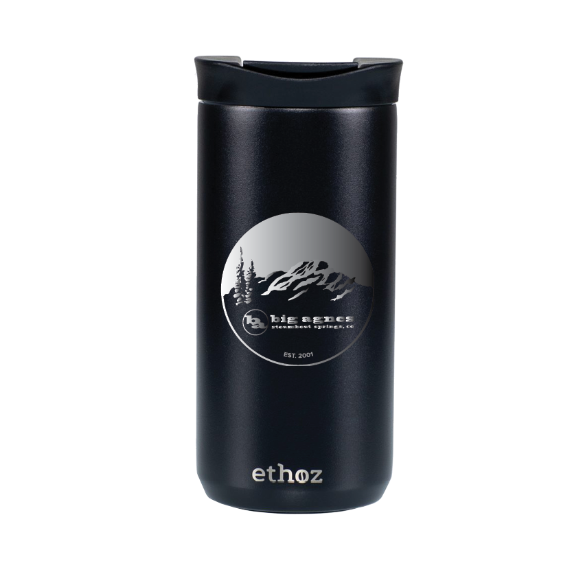 Black insulated tumbler with a logo and brand name on a white background
