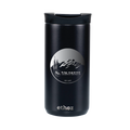 Black insulated tumbler with a logo and brand name on a white background