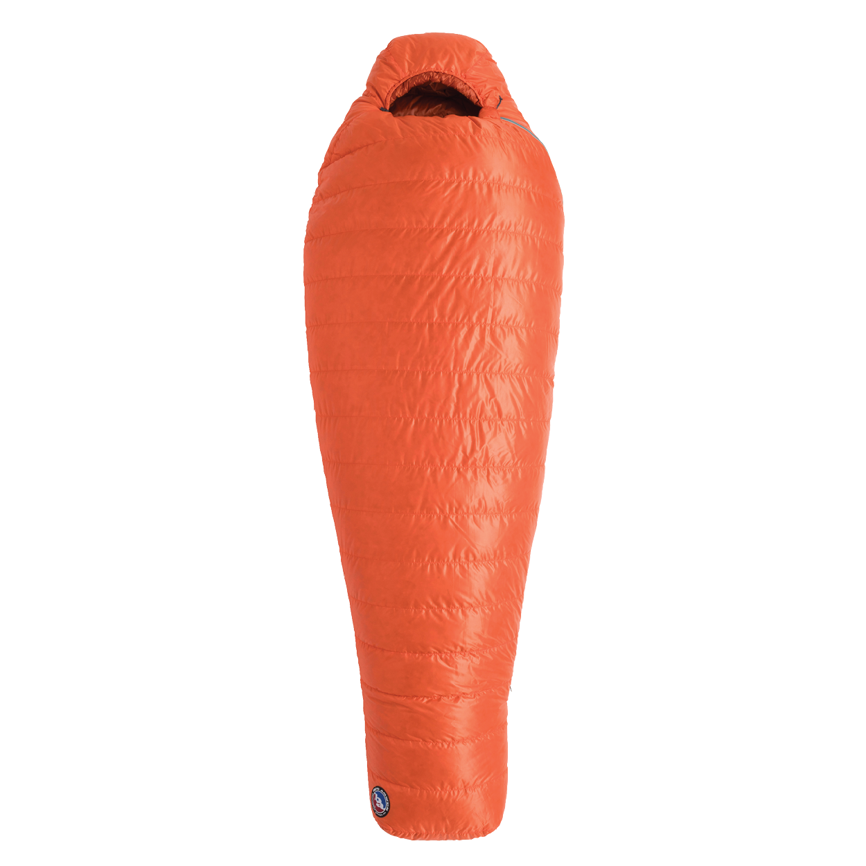 The Big Agnes Returns Greystone 20° is a bright orange, mummy-style sleeping bag with DownTek insulation and a hood, shown vertically against a white background—ideal for backpacking adventures.