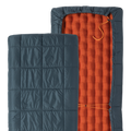 Two sections of a sleeping bag, one blue quilted and one orange inflatable, on a white background.