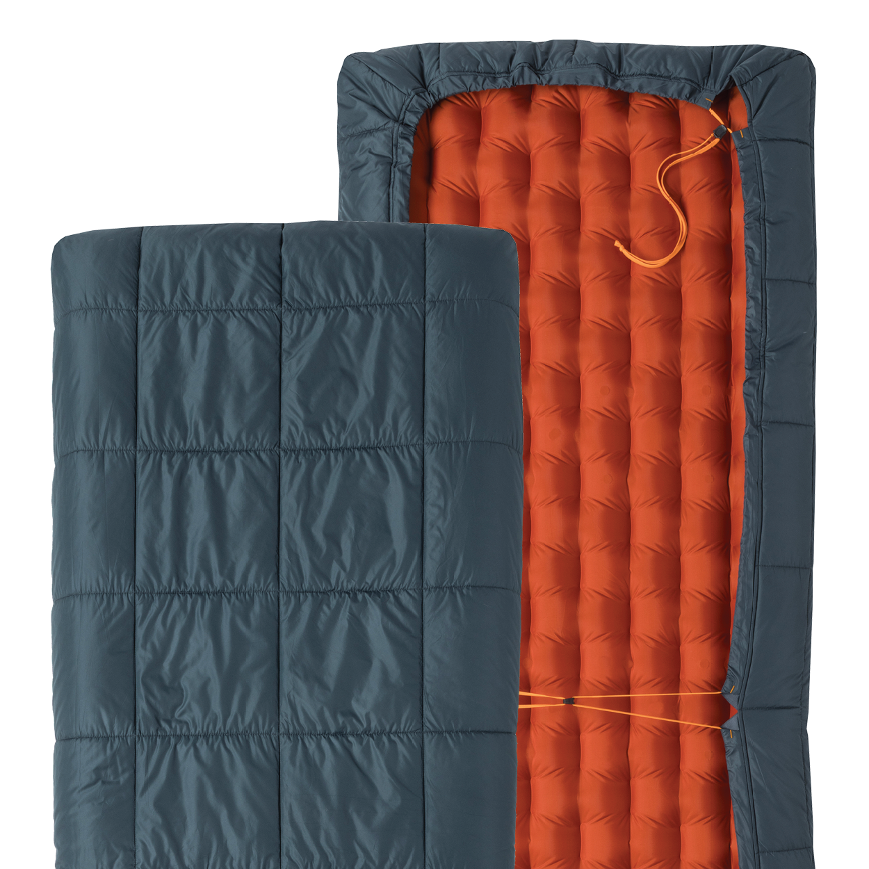 Two sections of a sleeping bag, one blue quilted and one orange inflatable, on a white background.