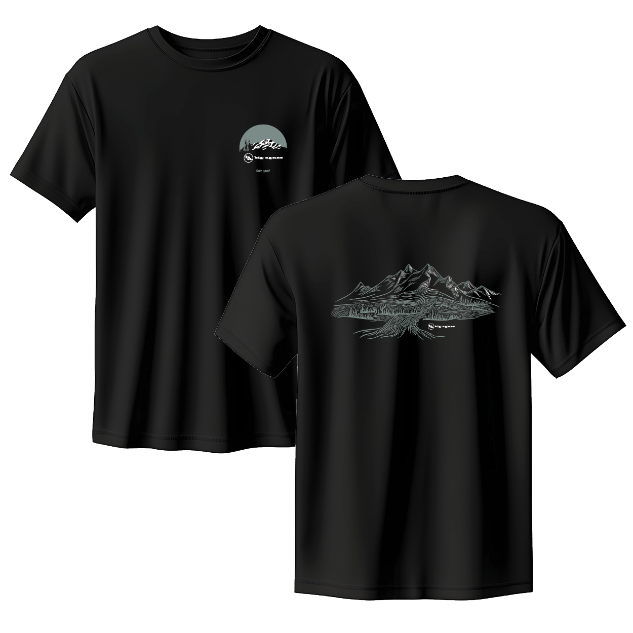 Black t-shirt with mountain graphic on front and logo on back, displayed against a white background.