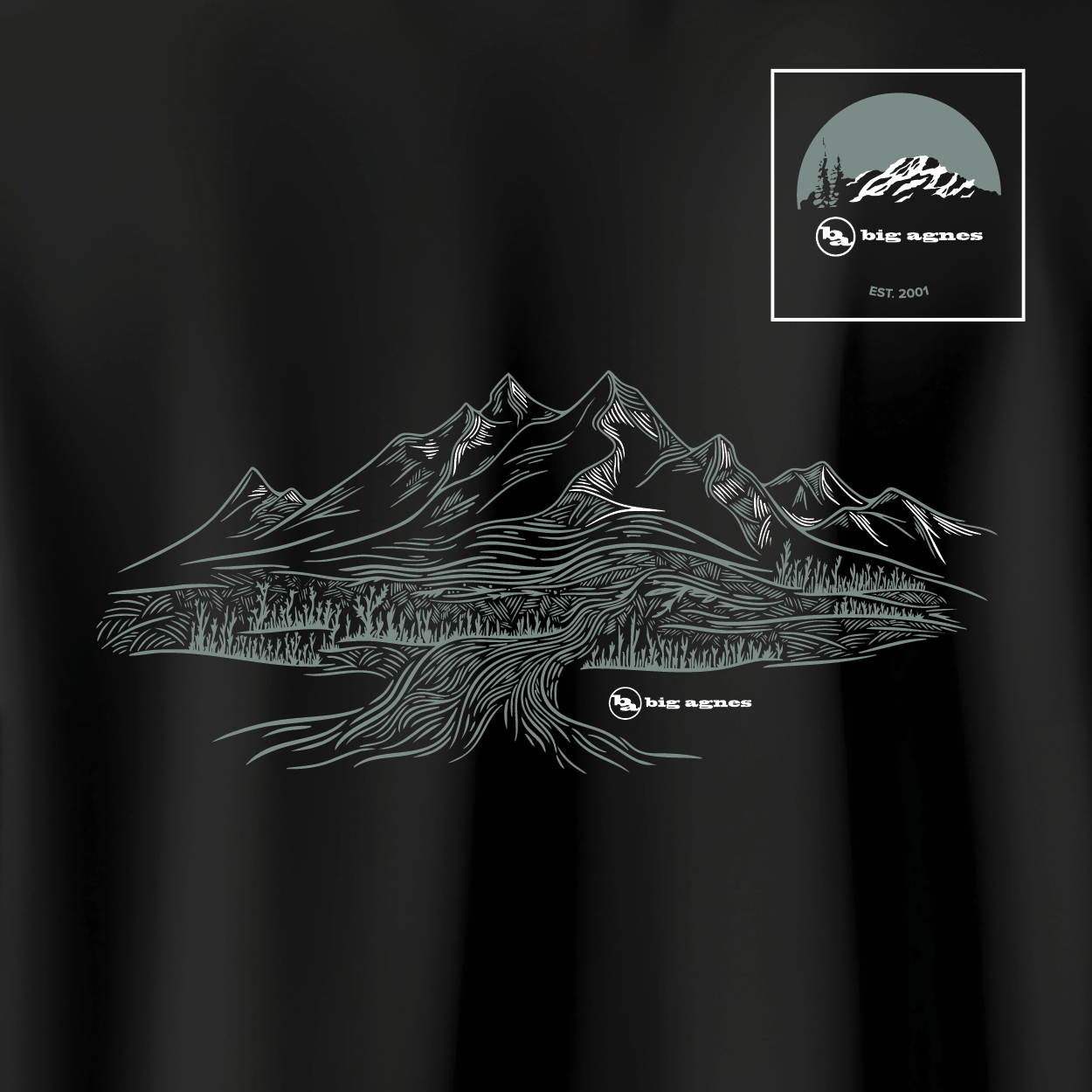 Black t-shirt with mountain design and 'big agnes' logo on a dark background
