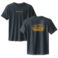 Black t-shirt with gold graphics and text on a white background