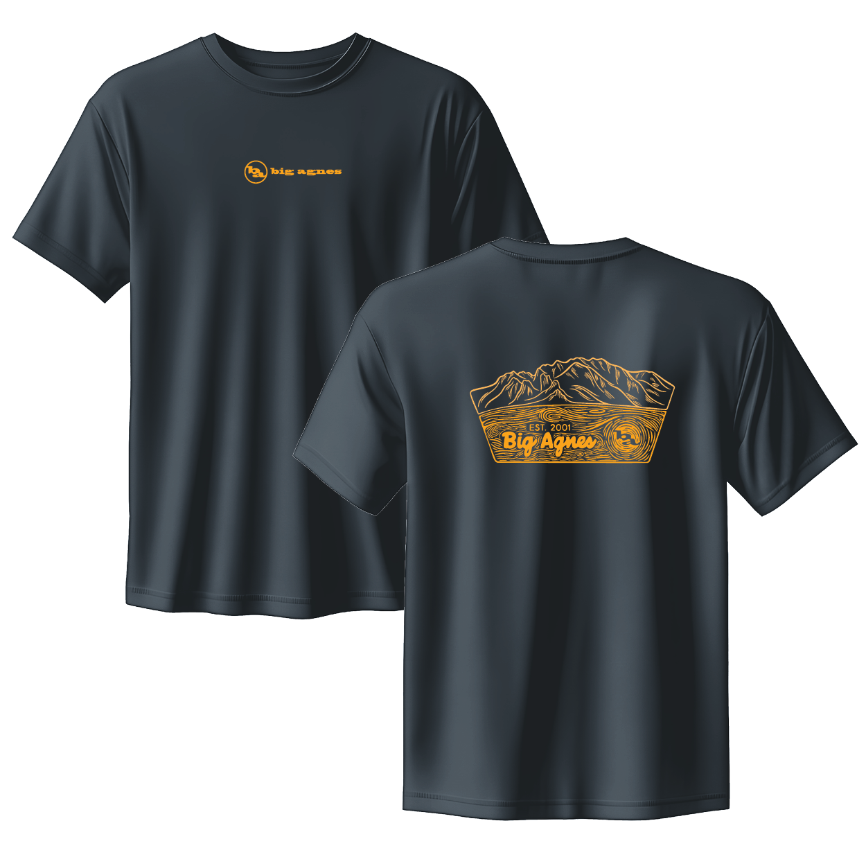 Black t-shirt with gold graphics and text on a white background