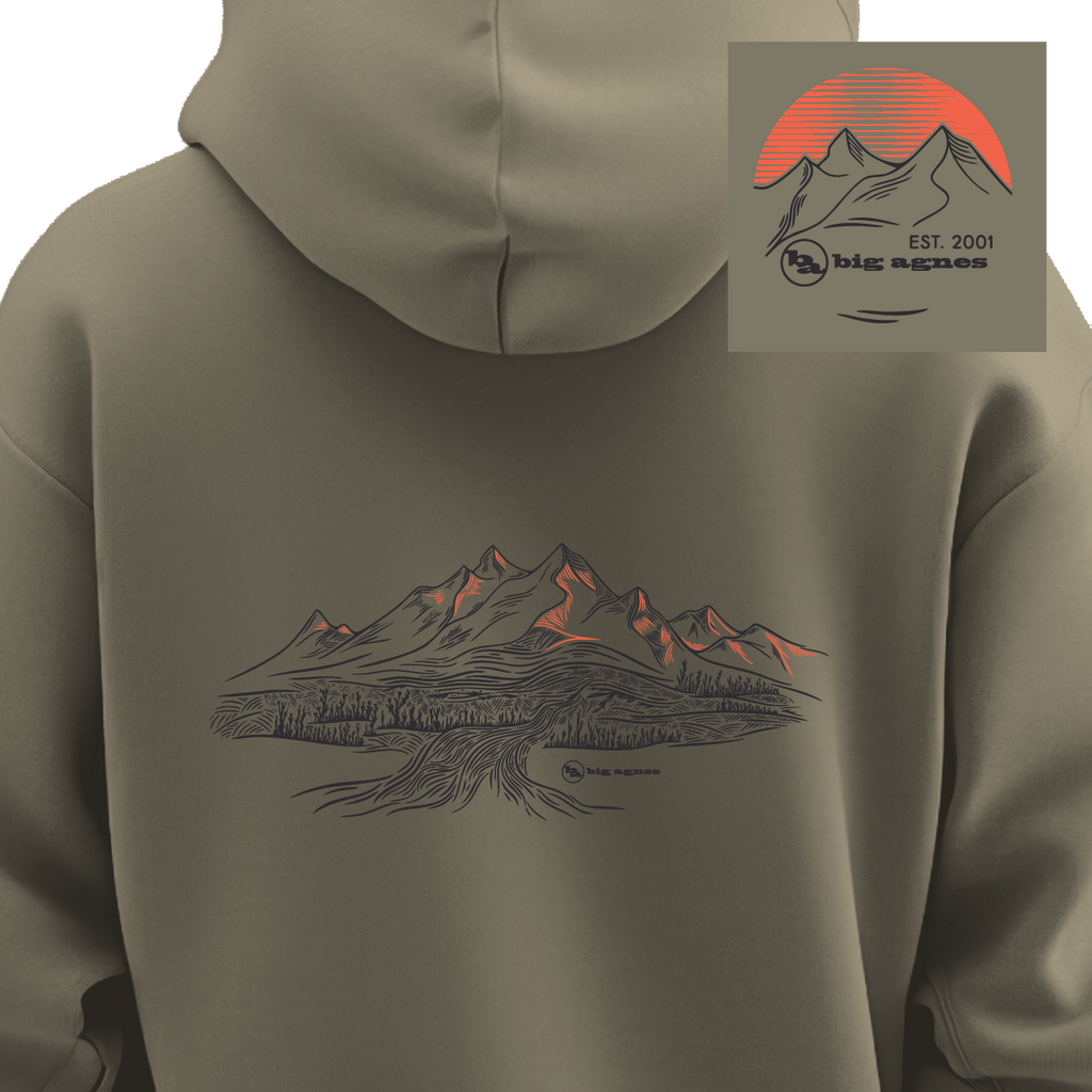 Khaki hoodie with mountain design on the back, featuring Big Agnes Returns logo.