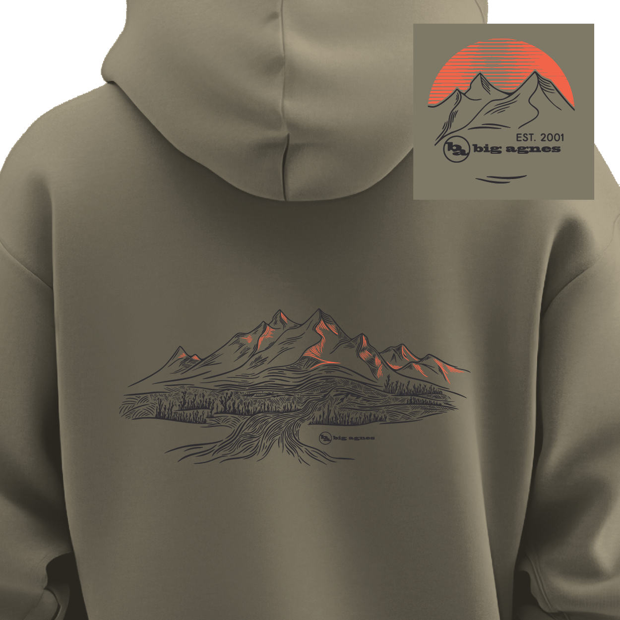 Khaki hoodie with mountain design on the back, featuring Big Agnes Returns logo.