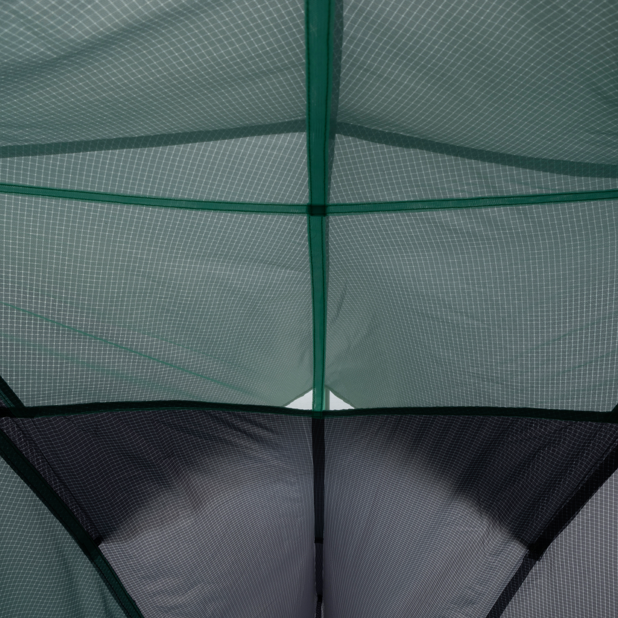 View from inside a Big Agnes Pitchpine VST 1.5 tent, looking up at the green mesh roof and intersecting poles as light filters through the Hyperbead fabric.