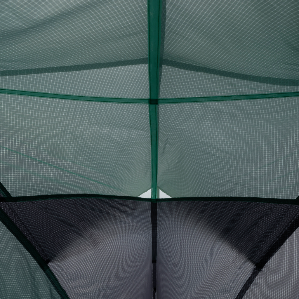 View from inside a Big Agnes Returns Pitchpine VST 1.5 tent, looking up at the green mesh roof and intersecting poles as light filters through the Hyperbead fabric.