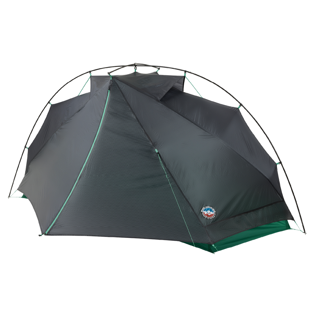 The Big Agnes Returns Pitchpine VST 1.5 is a dark gray, dome-shaped tent with green accents, made from Hyperbead fabric. It features multiple support poles and a logo patch near the bottom edge, shown set up against a white background.