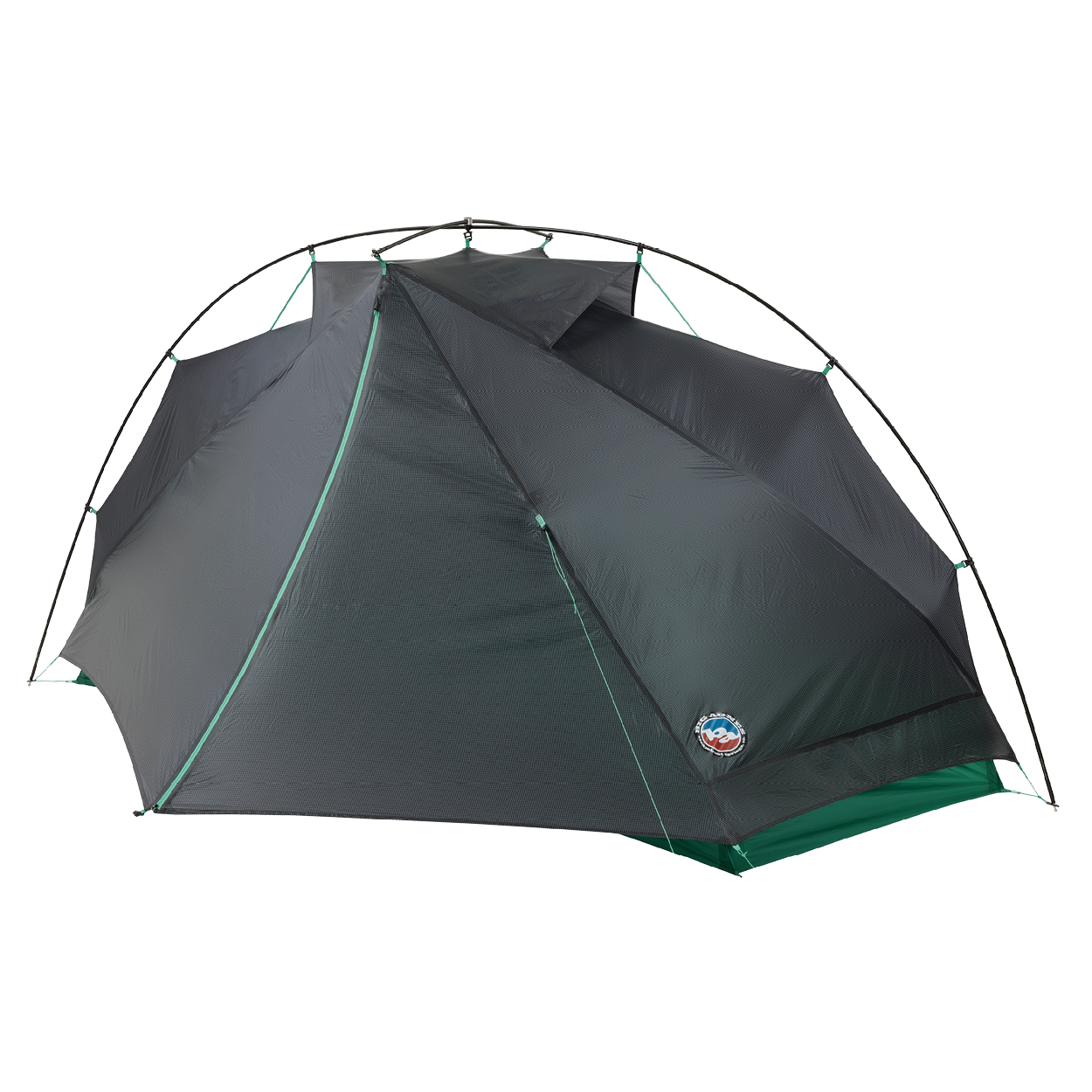 The Big Agnes Returns Pitchpine VST 1.5 is a dark gray, dome-shaped tent with green accents, made from Hyperbead fabric. It features multiple support poles and a logo patch near the bottom edge, shown set up against a white background.