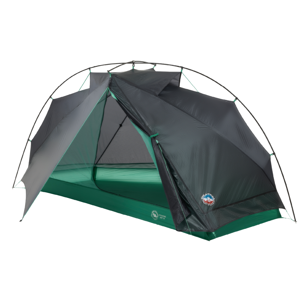 Green and gray tent with a logo on a white background