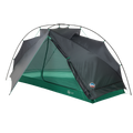 The Big Agnes Pitchpine VST 1.5, a green and gray dome-shaped tent with a mesh door, is displayed partially open on a white background. Made from Hyperbead fabric, this ultralight shelter is ideal for your next adventure.