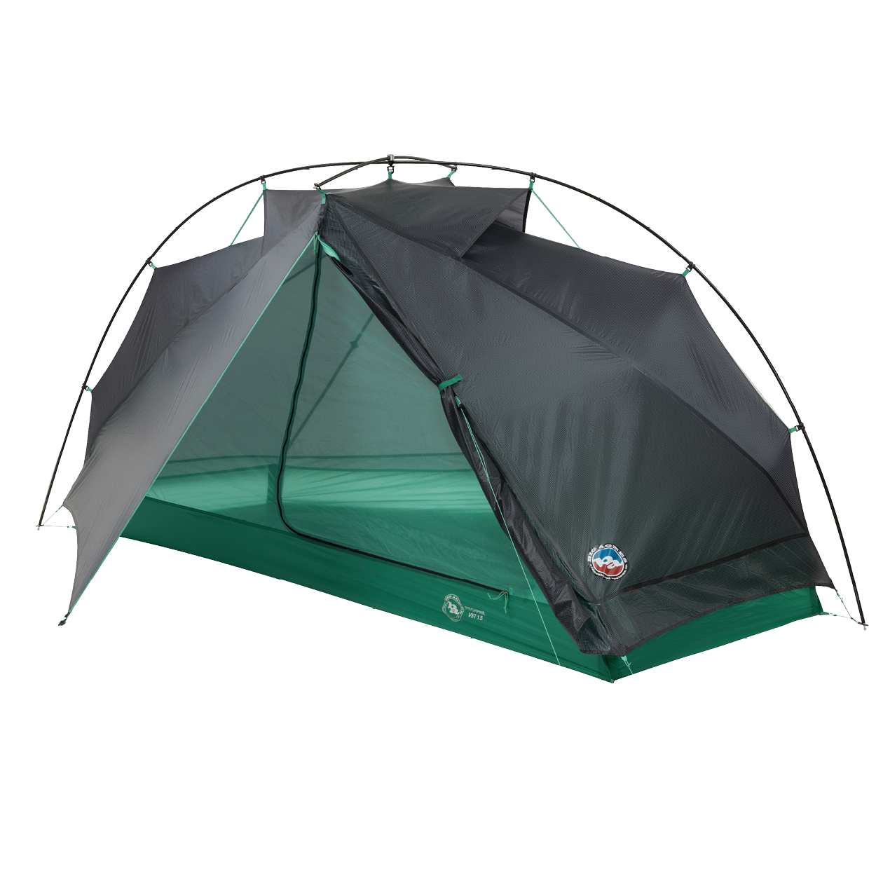 The Big Agnes Returns Pitchpine VST 1.5, a green and gray dome-shaped tent with a mesh door, is displayed partially open on a white background. Made from Hyperbead fabric, this ultralight shelter is ideal for your next adventure.
