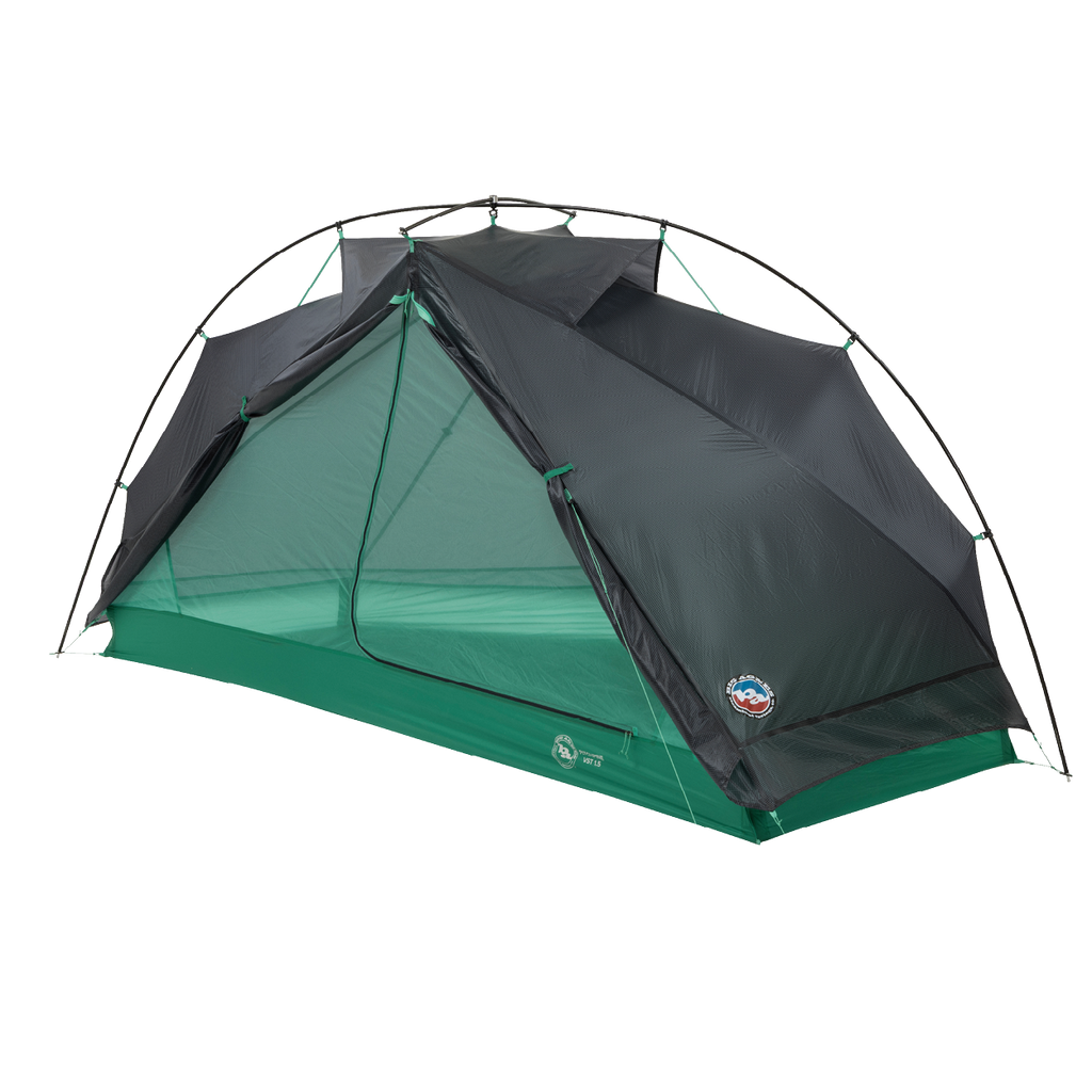 The Big Agnes Returns Pitchpine VST 1.5, a lightweight green and black dome tent with mesh sides, open entrance, and external poles, is shown on a white background—an ultralight shelter ideal for convenient camping adventures.
