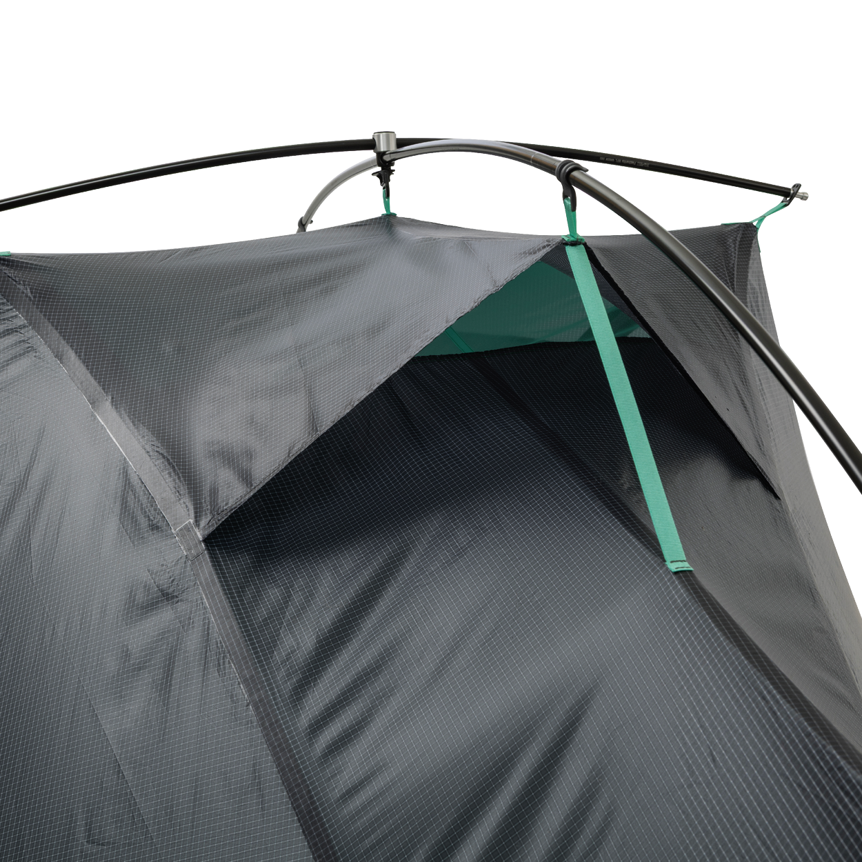 A close-up of the upper section of the Big Agnes Returns Pitchpine VST 1.5 tent, highlighting its Hyperbead fabric texture, green support poles, and a vent with green trim, set against a plain white background.