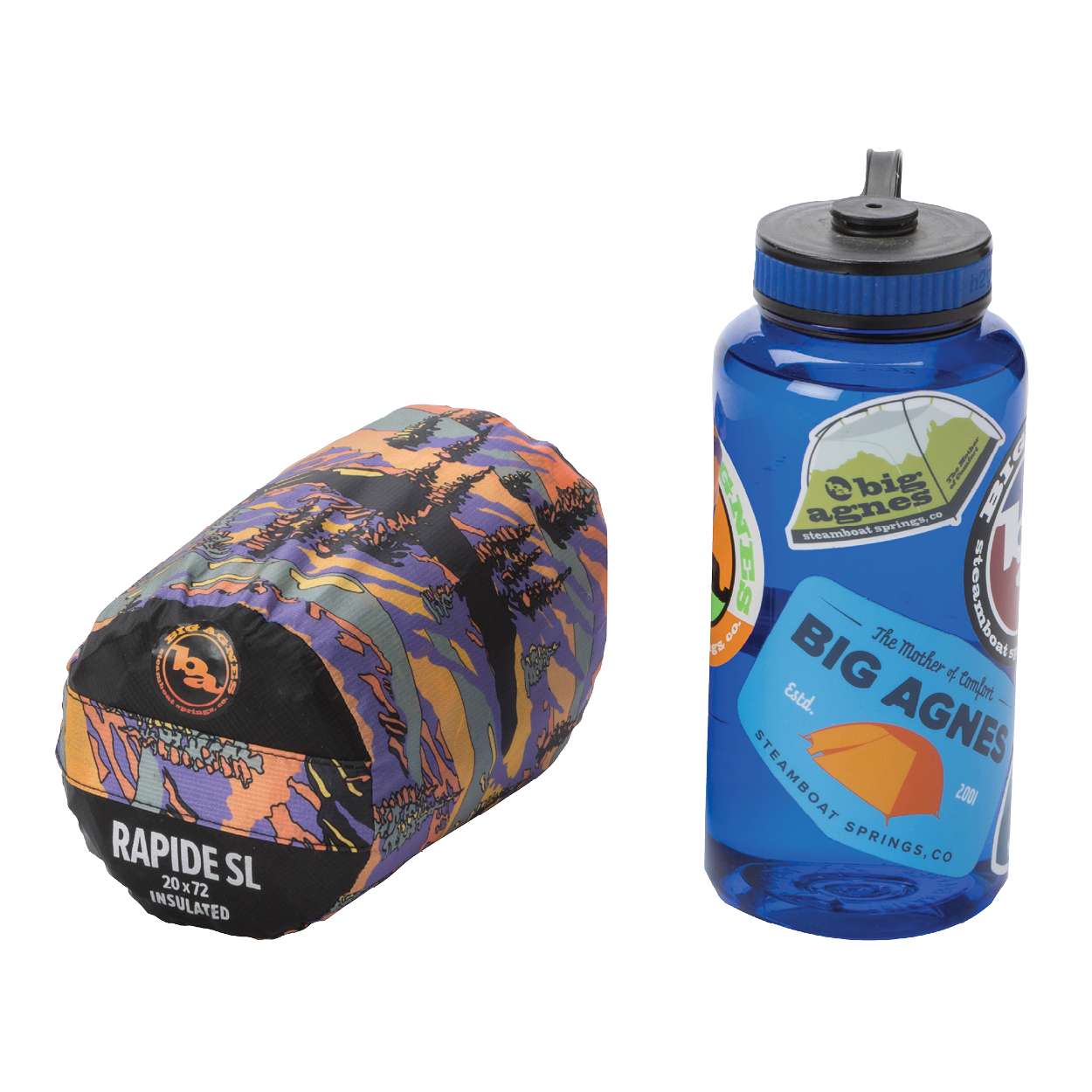 Sleeping bag and water bottle with Big Agnes branding on a white background