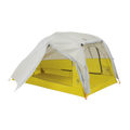 The Big Agnes Returns Salt Creek 2 is a lightweight, two-person backpacking tent with a yellow base, mesh sides for panoramic views, and a light gray rainfly partially covering the top, set up and ready for use.