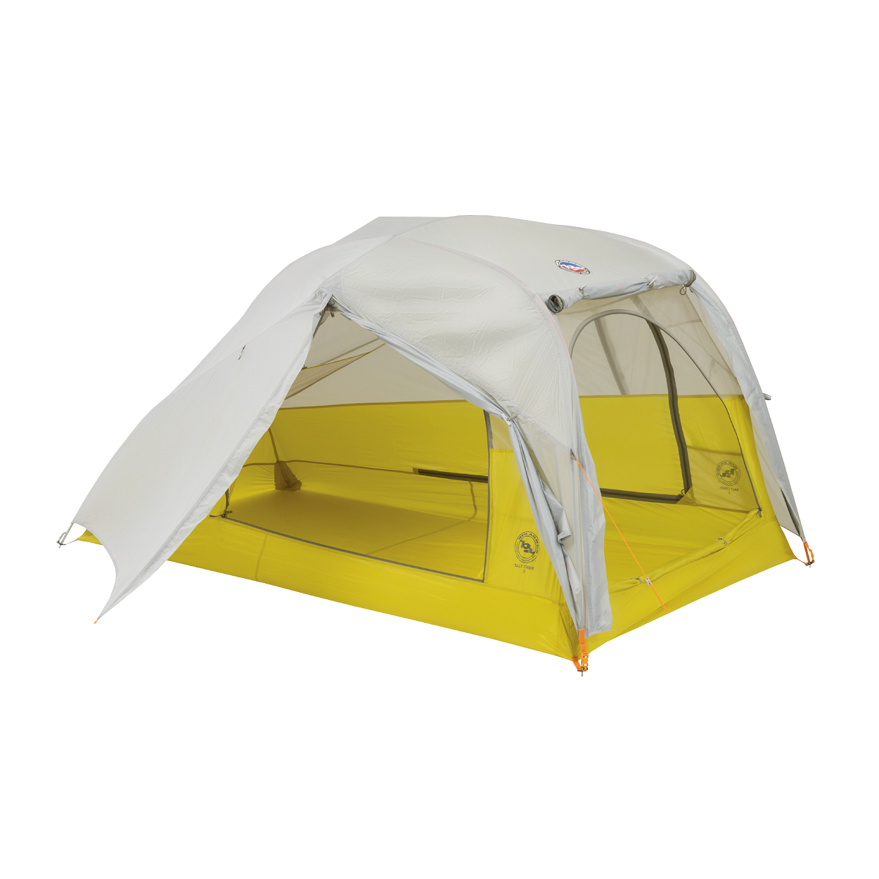 The Big Agnes Returns Salt Creek 2 is a lightweight, two-person backpacking tent with a yellow base, mesh sides for panoramic views, and a light gray rainfly partially covering the top, set up and ready for use.